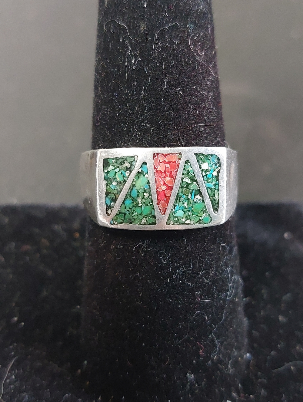 Vintage Sterling Navajo Ring, Size 8.5, Turquoise & Coral Chip Inlay, Men/Woman